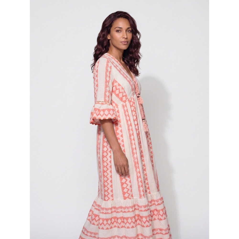 Kasia Maxi Dress Coral White Geometric Tassel V-Neck Bell Sleeve XS